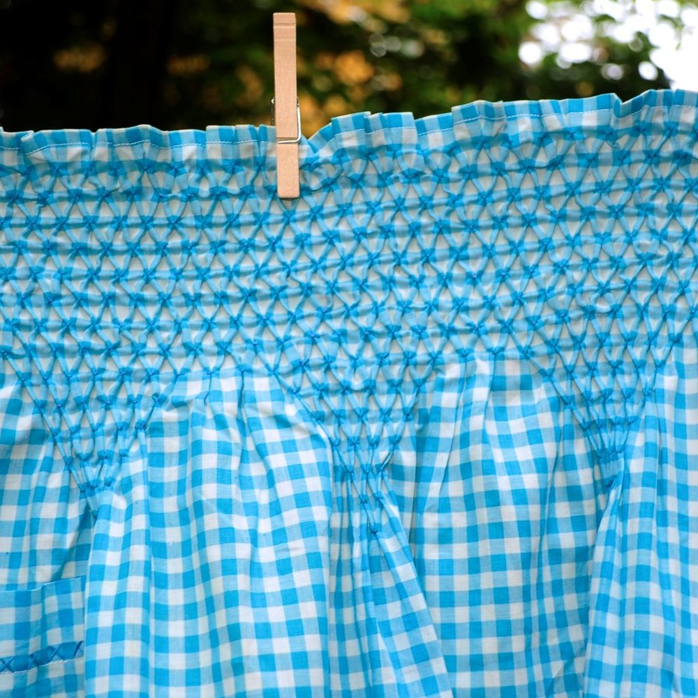 Vtg Teal Blue Gingham Check Apron Smocked Waist View 2